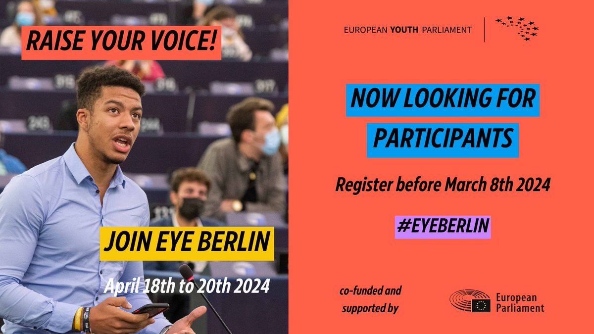 Raise your voice, join #EYEBerlin! Interact, exchange ideas, and shape Europe’s future together with peers and politicians! Read more at eyeberlin.org and register for participation from April 18th to 20th, 2024 for FREE! @Europarl_EYE