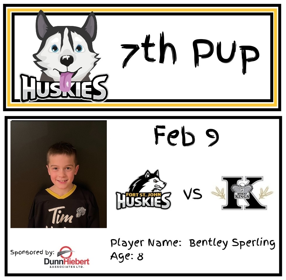 FSJHuskies's tweet photo. Huskies 7th Pup is 8 yr old Bentley Sperling. Bentley will be part of our pregame routine, skate with the flag, and on ice during the national anthem.
Thanks to our 7th pup sponsor, Dunn Hiebert and Associates.
#gopupsgo #gohuskiesgo
#7thpup #NWJHL https://t.co/iZiGLL7yjF