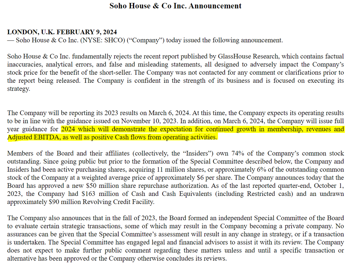 GlassH_Research's tweet photo. Soho House rejects our report, says it has inaccuracies/errors, but does not list anything.

The company also expects growth in its made-up metric Adjusted EBITDA, but says nothing about free-cash-flow or GAAP EPS. So, there you have it, more years of actual losses.

If they go private that’s their business. IPO, dump on public, then buy back well below IPO price. $SHCO