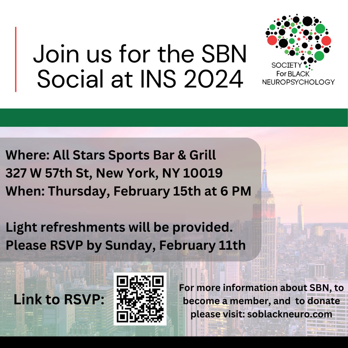 Coming to INS? Hope to see @everyone at the Society for Black Neuropsychology Social! RSVP by Sunday 2/11 at bit.ly/sbn-ins-social… or use the QR code