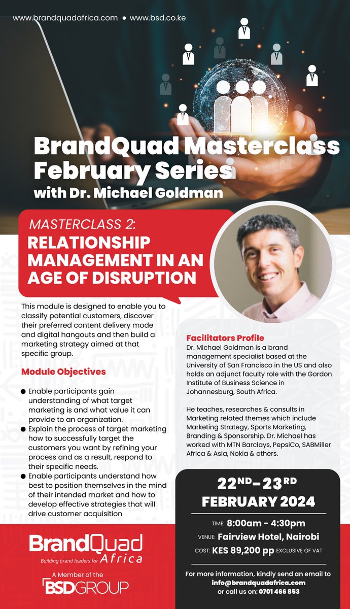 ntvkenya's tweet photo. SP: Join us BrandQuad Africa for the Relationship Management in an Age of Disruption Executive Masterclass. Don’t miss out!
Sign up now: https://t.co/2gEGEbSFJ1
#RelationshipManagementKE #BrandQuadAfrica #BSDGroup https://t.co/4iNHfbCGH4
