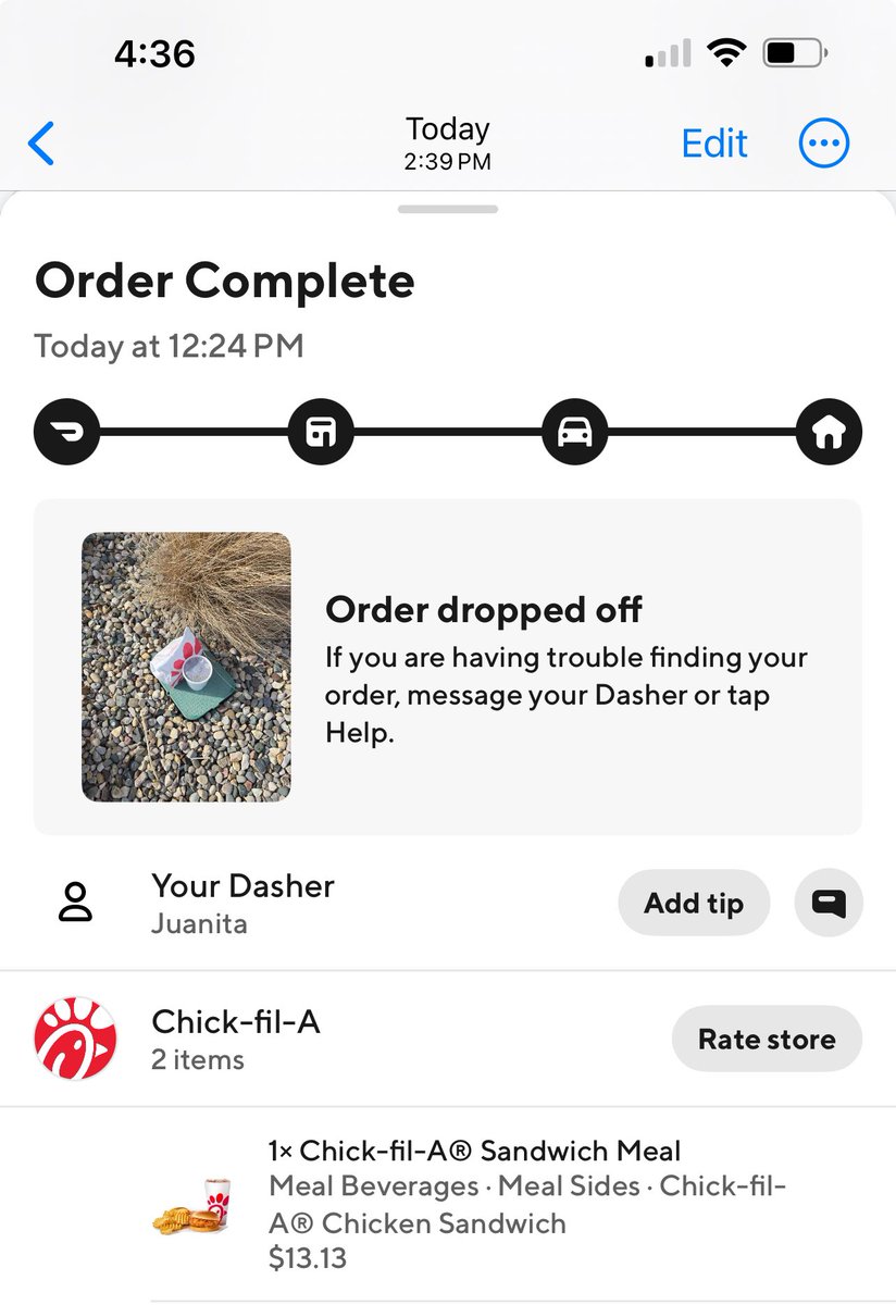drmazur's tweet photo. So I downloaded and tried Door Dash for the first time yesterday. Never received my meal and the video shows why. Somebody sure enjoyed my Chic-fil-A. https://t.co/DNLswenyP1