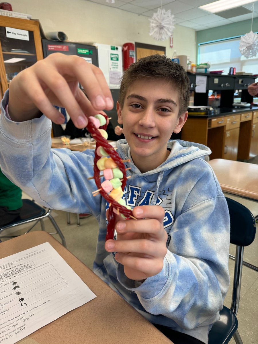 NCCSD_K12's tweet photo. Who knew science could be so sweet?! 8th graders in Mrs. Schmitt's science class explored the concept of DNA and genetics by making candy DNA models. The project helped students study the blueprints of DNA and what makes us each unique. #nceaglepride #8thgradescienceclass https://t.co/1sygD5tRkW