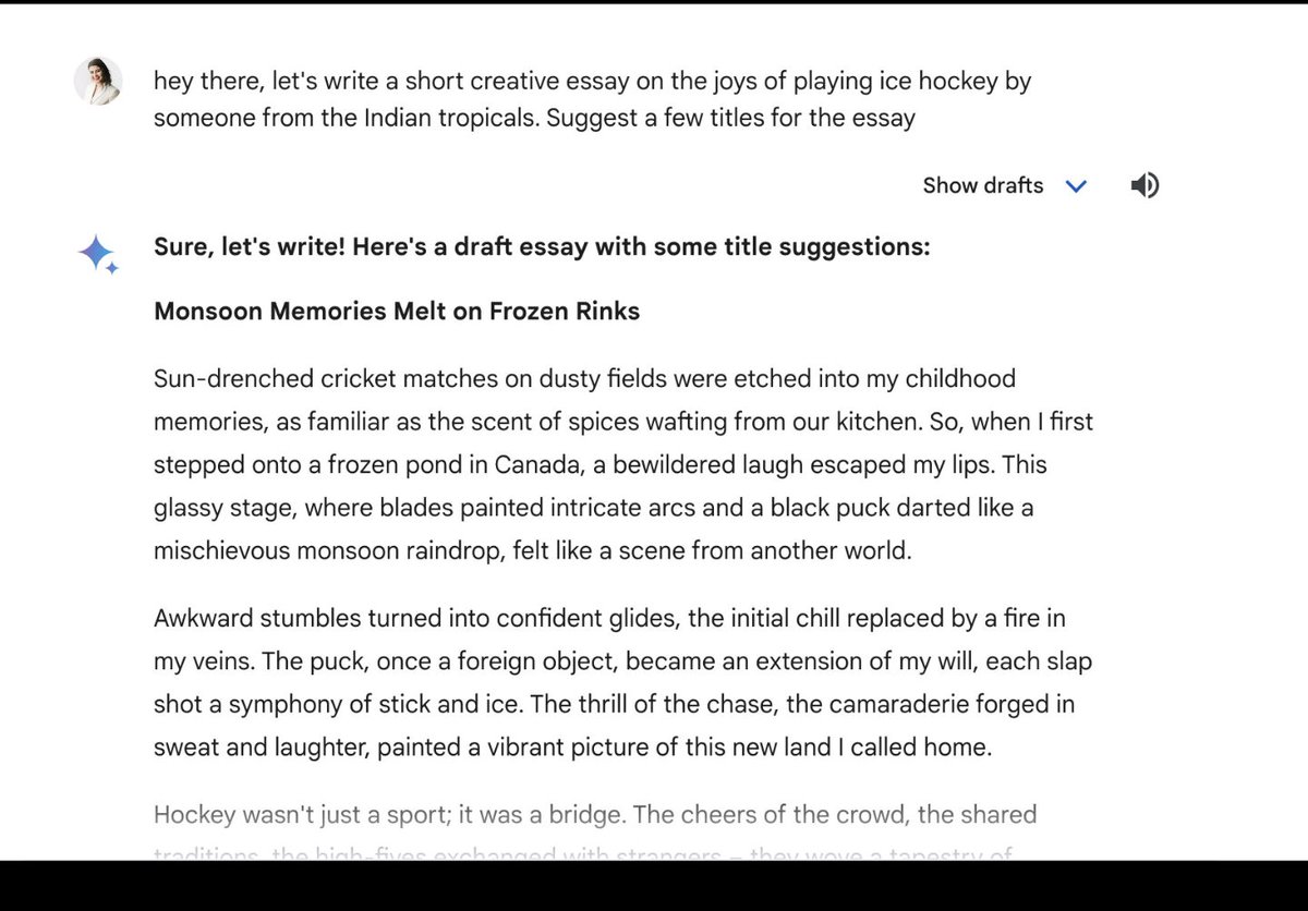 Gemini (formerly Bard) is here! We waited to get just the right mixture for 🇨🇦
And look at those "monsoon memories freezing on ice rinks" and "18th century mathematicians in Toronto". Give it a try: