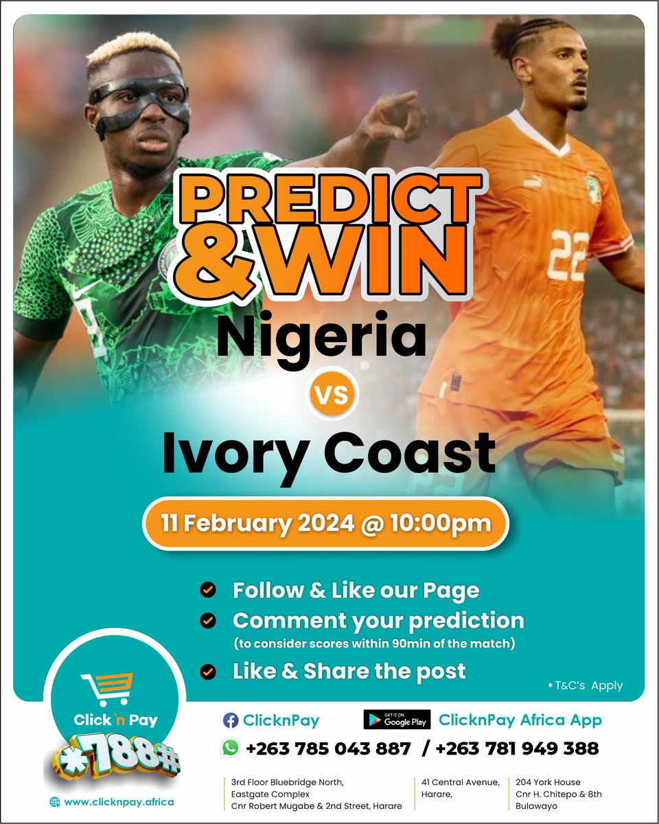 ClicknpayZ's tweet photo. Predict scores for the AFCON final: Nigeria vs Ivory Coast. Who will emerge victorious?
*SCORES TO BE CONSIDERED WILL BE WITHIN 90MINS OF THE MATCH. https://t.co/WjlO9kBv43