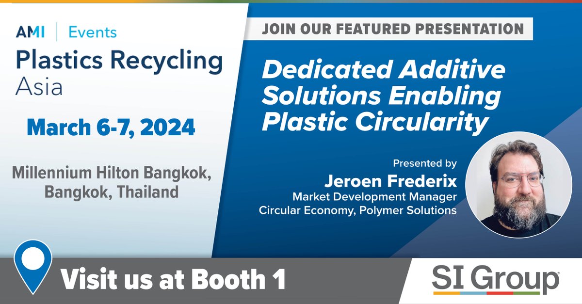SIGroupInside's tweet photo. AMI Plastics Recycling Asia in Bangkok, Thailand is a few weeks away! Stop by Booth 1 to discus our innovative additives for plastics, and don't miss Jeroen Frederix's presentation on "Dedicated Additive Solutions Enabling Plastic Circularity."
#EnablingCircularity #Evercycle https://t.co/QVT7wLK0ST