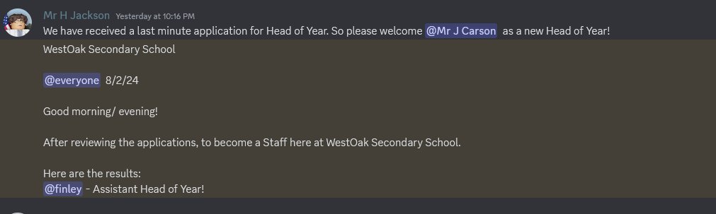 Zeph32's tweet photo. New staff are joining at #WestOakSecondarySchool Discord server! Join our discord server and you can be one too! https://t.co/FrCTj6j11d