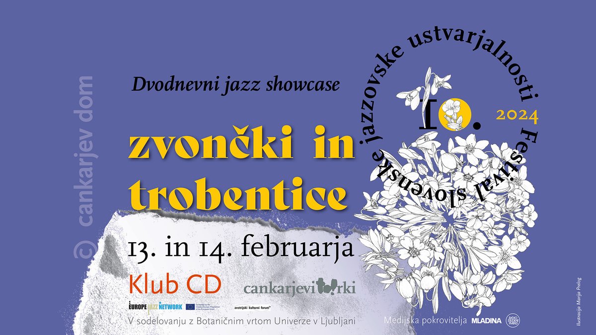 LjubljanaJazz's tweet photo. Ne zamudite dvodnevnega showcase dogodka slovenske jazzovske ustvarjalnosti:

🌼 𝗭𝘃𝗼𝗻𝗰̌𝗸𝗶 𝗶𝗻 𝘁𝗿𝗼𝗯𝗲𝗻𝘁𝗶𝗰𝗲 🌼
(13. in 14. februarja v Klubu CD)

⏩ Dva večera, osem zasedb in veliko dobre glasbe!
https://t.co/PVsLXnL1lv https://t.co/UHNvRF04ra