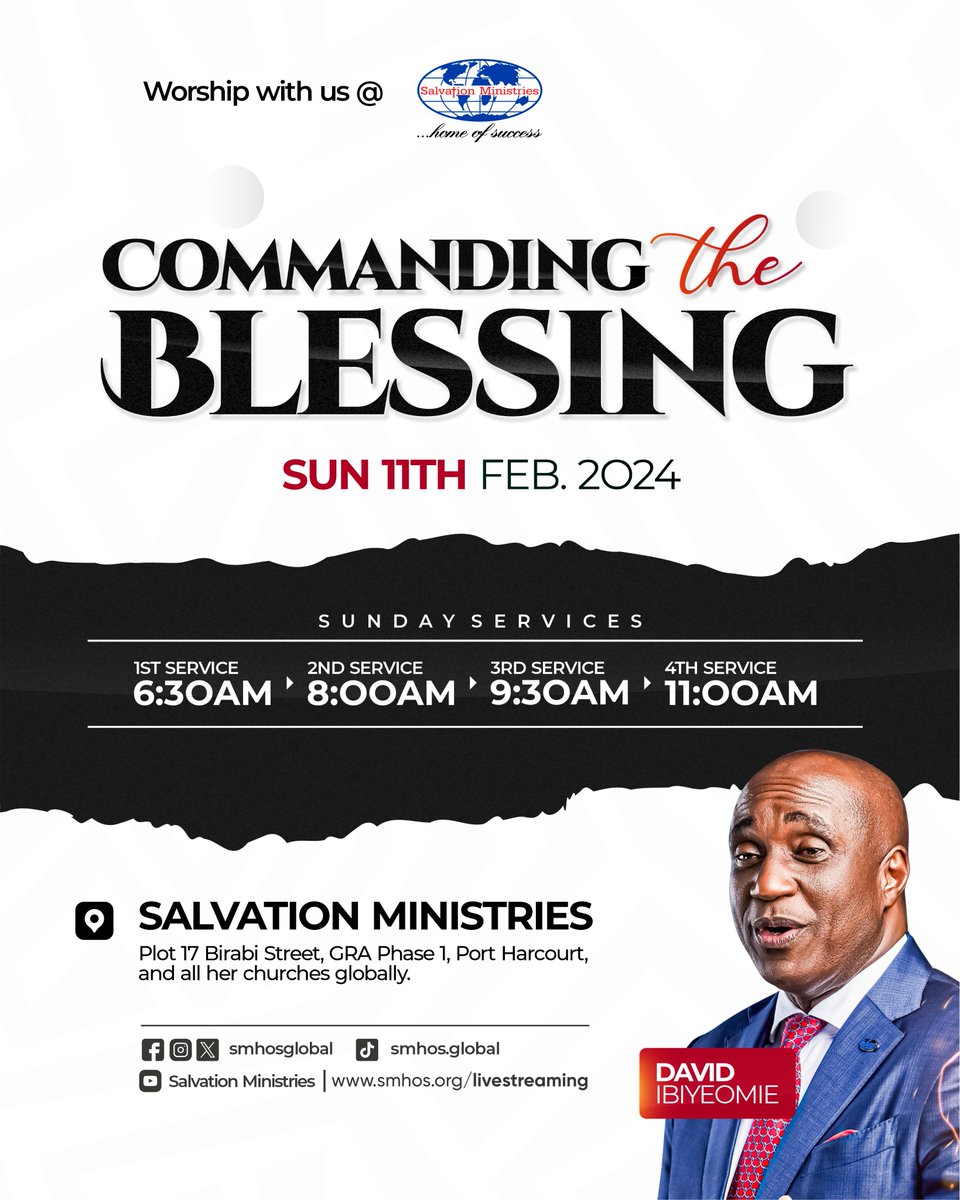 smhosglobal's tweet photo. At the turning point of every great person in the Kingdom is the impartation of The Blessing. In our four power-packed services this Sunday, we will encounter the principles and power behind this life-changing Grace.

Join any of our churches worldwide or online. Remember to also invite someone to come with you.

#SMHOS #SalvationMinistries #DavidIbiyeomie