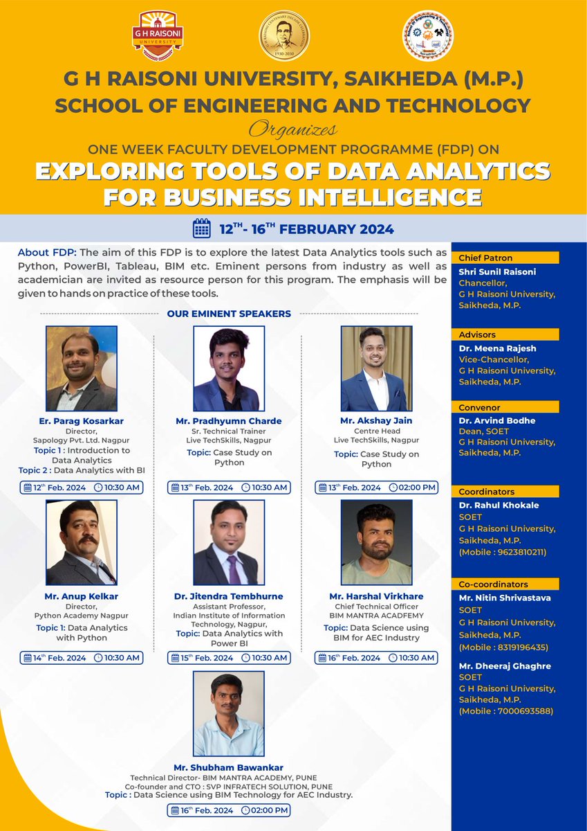 PythonAcademy's tweet image. Excited to announce my upcoming Full-Day Faculty Development Program at G H Raisoni University, Saikheda (M.P.) on Feb 14, 2024! 📅 Join immersive session featuring a captivating case study on Algorithmic Trading. 🐍💼 #python #sql #anupkelkarspythonacademy #AI # ML #datascience