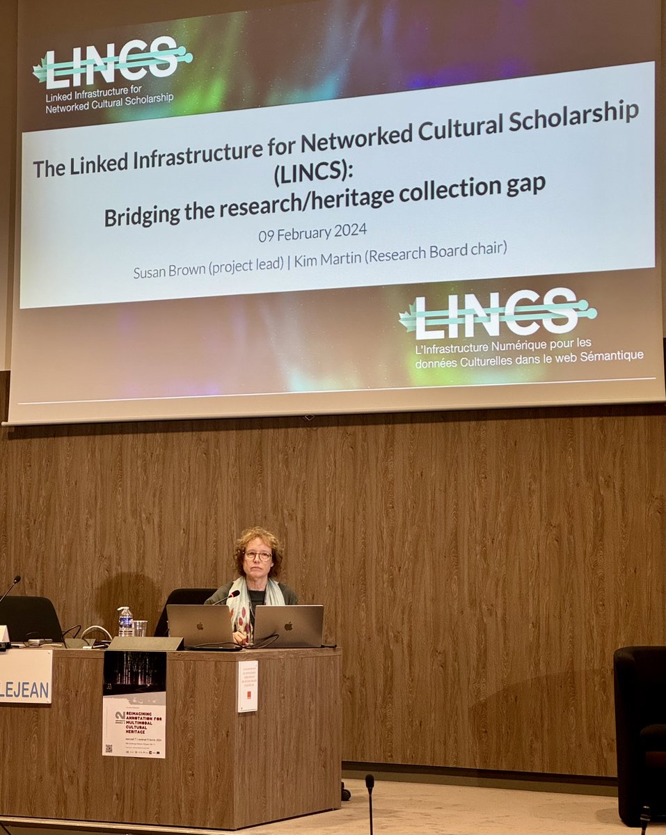 @susanirenebrown takes the floor to present “The Linked Infrastructure for Networked Cultural Scholarship (LINCS): Bridging the Research/Heritage Collection Gap” to delegates at the “Reimagining Annotation for MultimodaL Cultural Heritage” conference @lincsproject @uofg