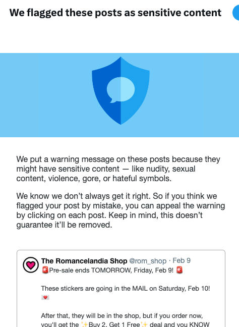 Once again, this sticker has been flagged as "sensitive content"🫢

Dear Romancelandia, you NEED the sticker so hot it triggers the censors!🔥

Today (Fri, Feb 9) is the FINAL day of this pre-sale: ✨Buy 2, Get 1 Free!✨

They go in the mail TOMORROW! 💌

romancelandiashop.com/product-page/r…