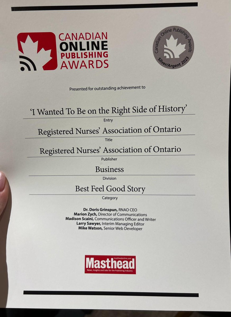 RNAO's tweet photo. Finalists in five categories & brought home silver for the Best Feel Good Story at the 2023 #COPAwards🏆!
Read the award-winning #RNJ story by @MaddieScaini: https://t.co/yF1WrUQcti
Editorial Team: Larry Sawyer, @marionzych,@DorisGrinspun
Tech: Mike Watson
Spl. thanks to Nurses❤️ https://t.co/W8kZqRdhYO