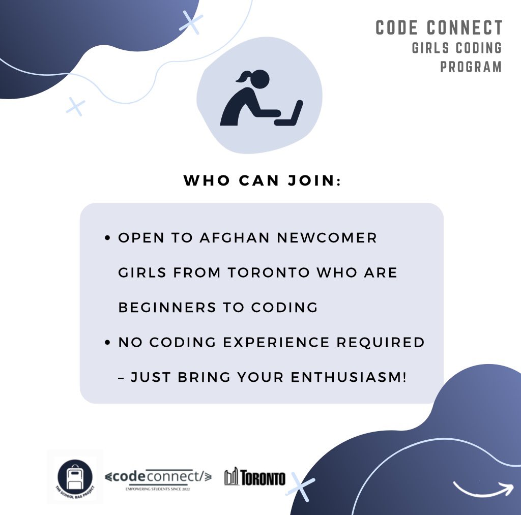 SchoolBagProj's tweet photo. The School Bag Project is partnering with #CodeConnect for a #GirlsCoding Program for #Afghan newcomer youth from the #Toronto area starting in April! It will cover topics including: #Python, #Data Cleaning, Data Analysis, Model Building, Data Visualization, &amp; a #Resume Workshop! https://t.co/h5ovvDKppv