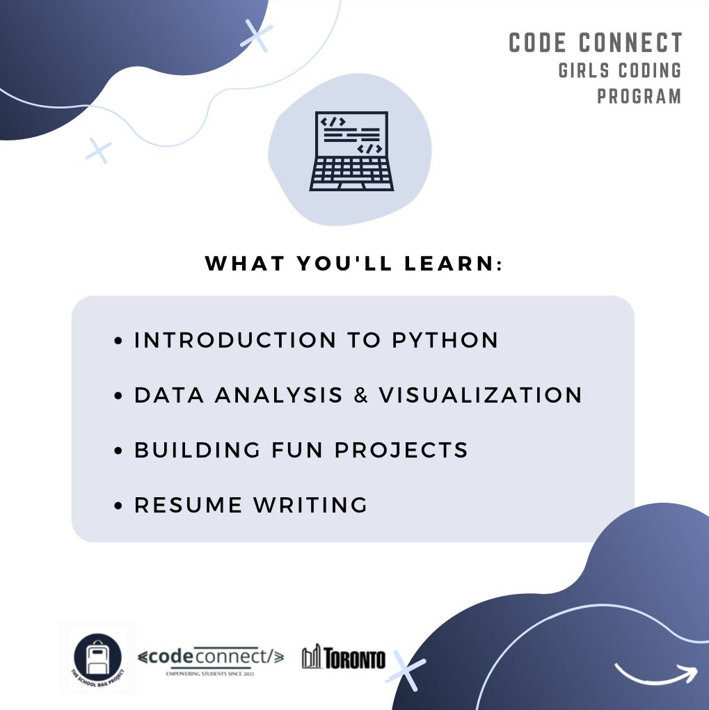 SchoolBagProj's tweet photo. The School Bag Project is partnering with #CodeConnect for a #GirlsCoding Program for #Afghan newcomer youth from the #Toronto area starting in April! It will cover topics including: #Python, #Data Cleaning, Data Analysis, Model Building, Data Visualization, &amp; a #Resume Workshop! https://t.co/h5ovvDKppv
