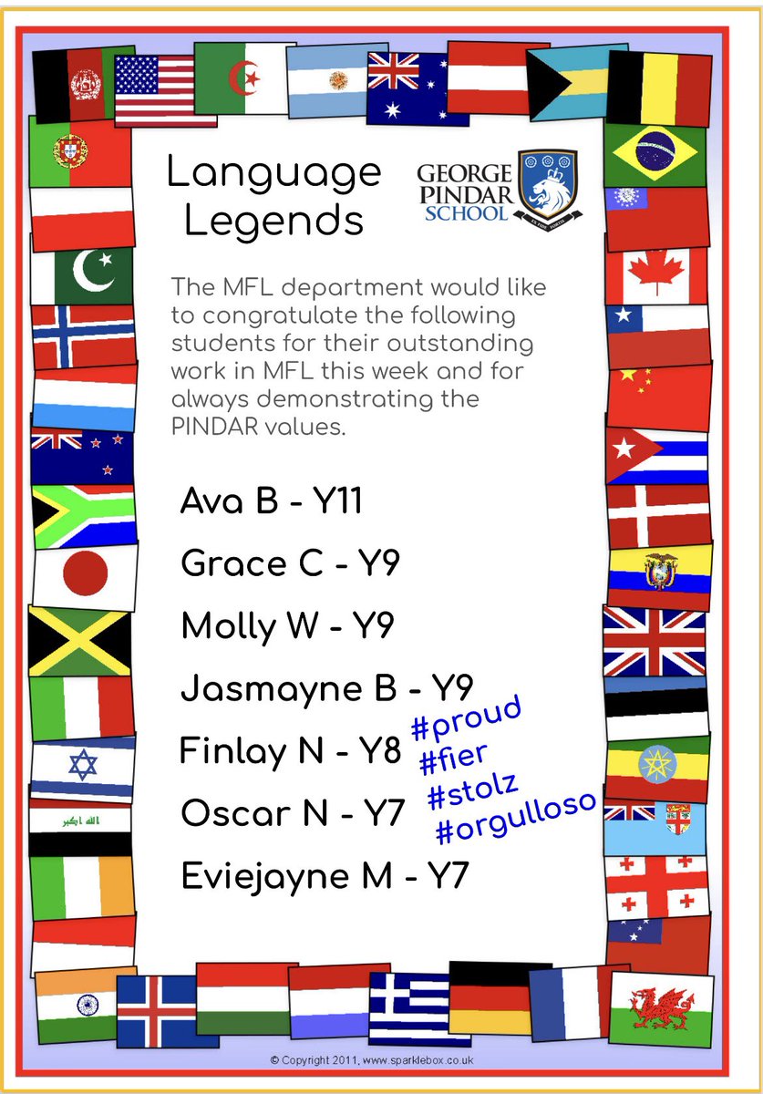 Congratulations to the students below for their outstanding work in Modern Foreign Languages this week. #proudtobepindar #teamMFL