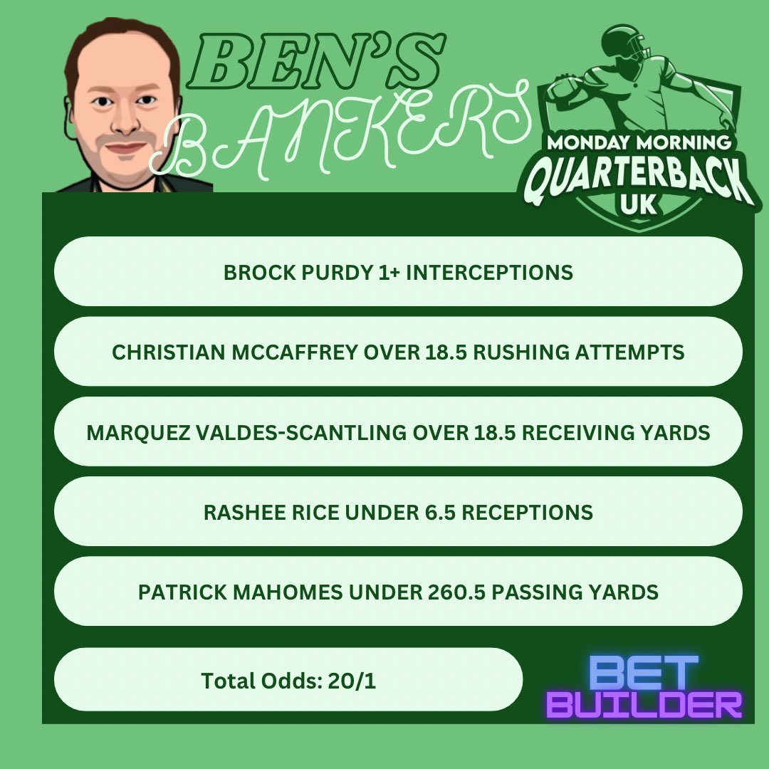 MMQB_UK's tweet photo. Ben's Bankers for the Super Bowl are live.
Expecting a close game with the Chiefs getting it done 20-17.
Outside change of Chris Jones to win MVP at 100/1 or
Pacheco at 33/1.
#nflI
#NFLTwitter
#NFLPlayoffs
#gambleaware #ChiefsKingdom #49ers
#BensBankers https://t.co/XntnjR269v