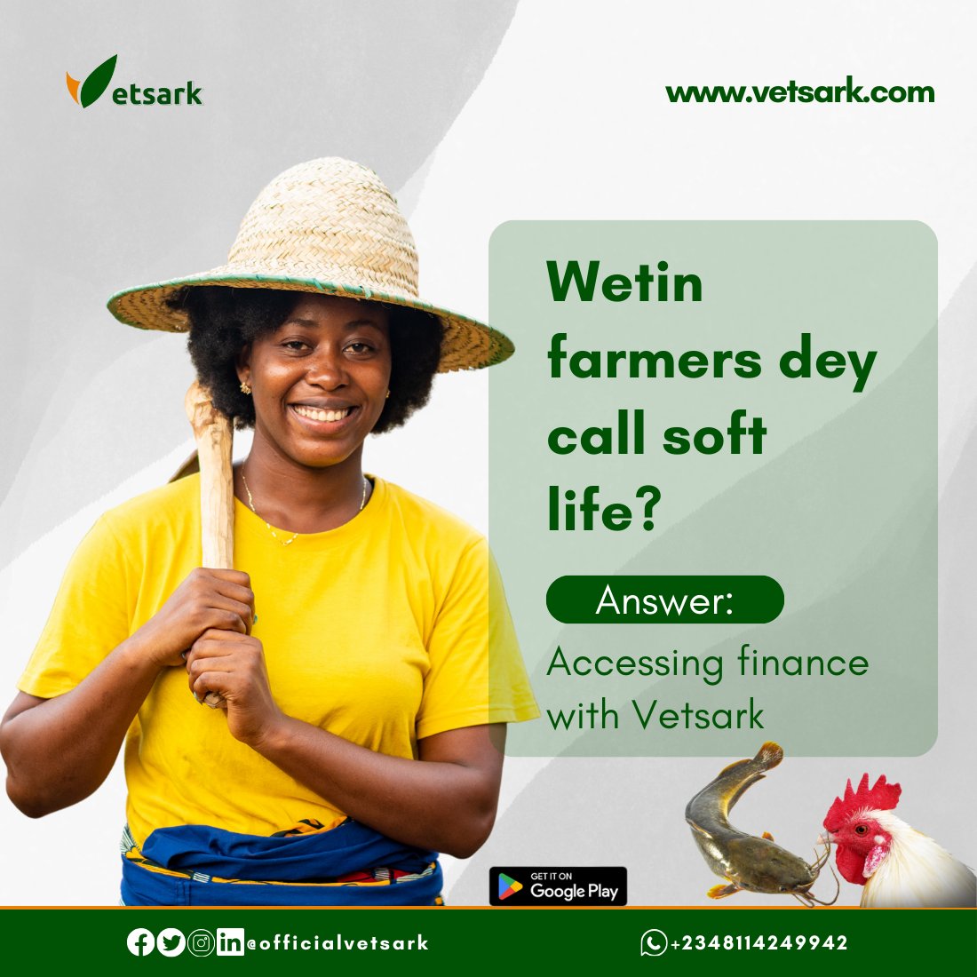 Farming is not for the faint-hearted, but real luxury is finding the financial support you need with ease. 
Get a smooth funding experience when you apply on the Vetsark App

#Agriculture #vetsark #agritech #farminputs #Livestock #fishfarming