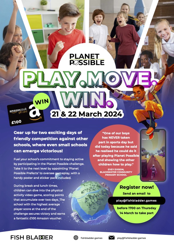 FishBladder's tweet photo. 🚨Calling all teachers

📲 Engage children who aren't typically motivated by PE lessons with Planet Possible, a game that levels the 'playing field' in children's physical activity.

🏆 Also, been in with a chance of winning a £100 Amazon voucher.

Contact: play@fishbladder.games https://t.co/oC4CmMGcTk