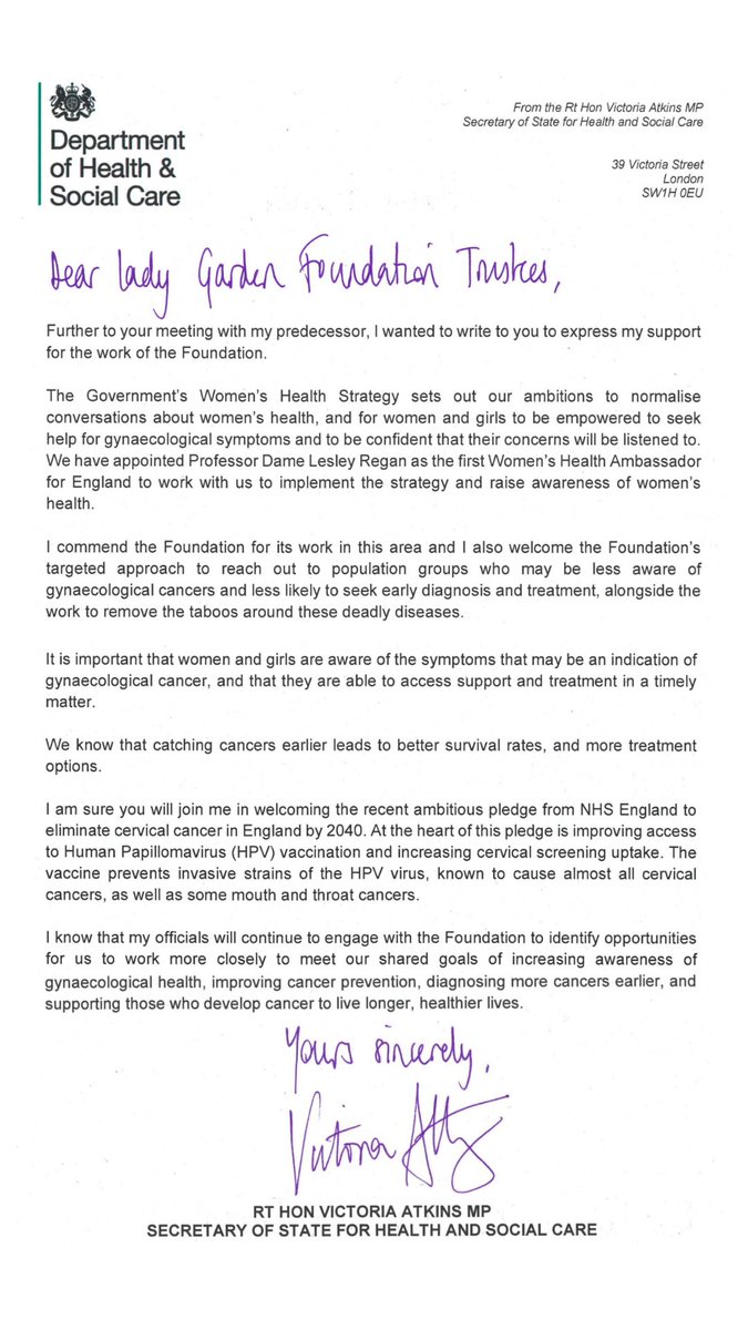 We are delighted to share that we have received a supportive letter from the Secretary of State for Health and Social Care, Victoria Atkins MP!⭐