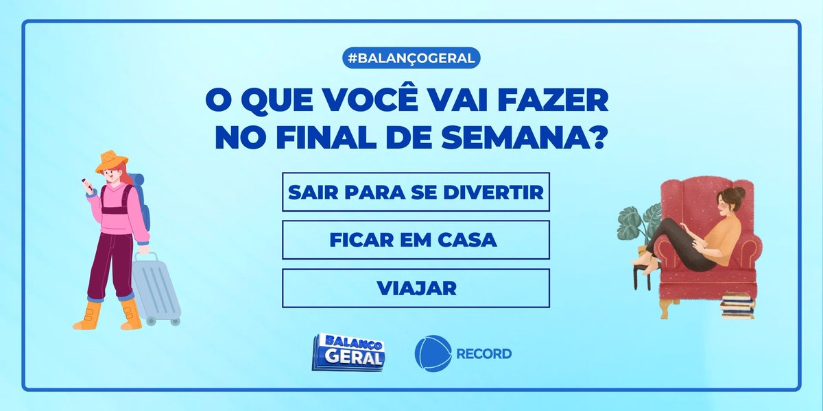 balancogeral's tweet image. Sextou e o final de semana está batendo na sua porta! A #pergunta quer saber o que você vai fazer? Conta pra gente nos comentários e participe do #BalançoGeral 🤗🧳😴