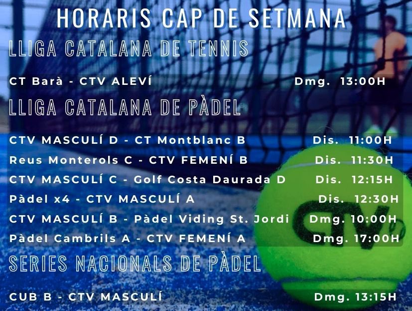 🎾Us compartim l’agenda del cap de setmana dels nostres equips de Tennis i Padel. 

☀️Veniu a gaudir de les nostres instal·lacions tot animant els nostres equips!