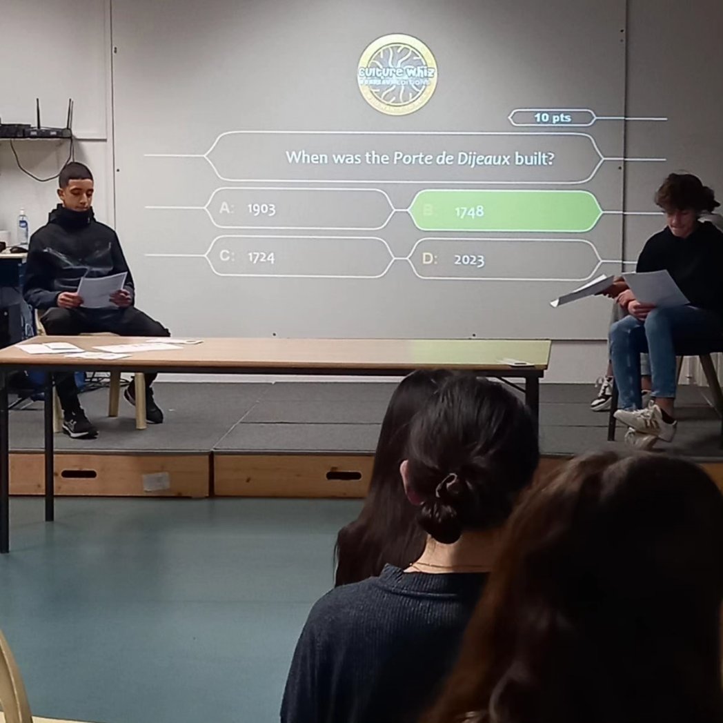 NewportCollege's tweet photo. On our final visit to our french school to say 'au revoir' to our french friends. Finished up with a very close quiz on the culture of Bordeaux France. Really looking forward to them all visiting Ireland #everychildmatters #erasmus+ @tipperaryetb @NenaghGuardian https://t.co/BgpePytdvh