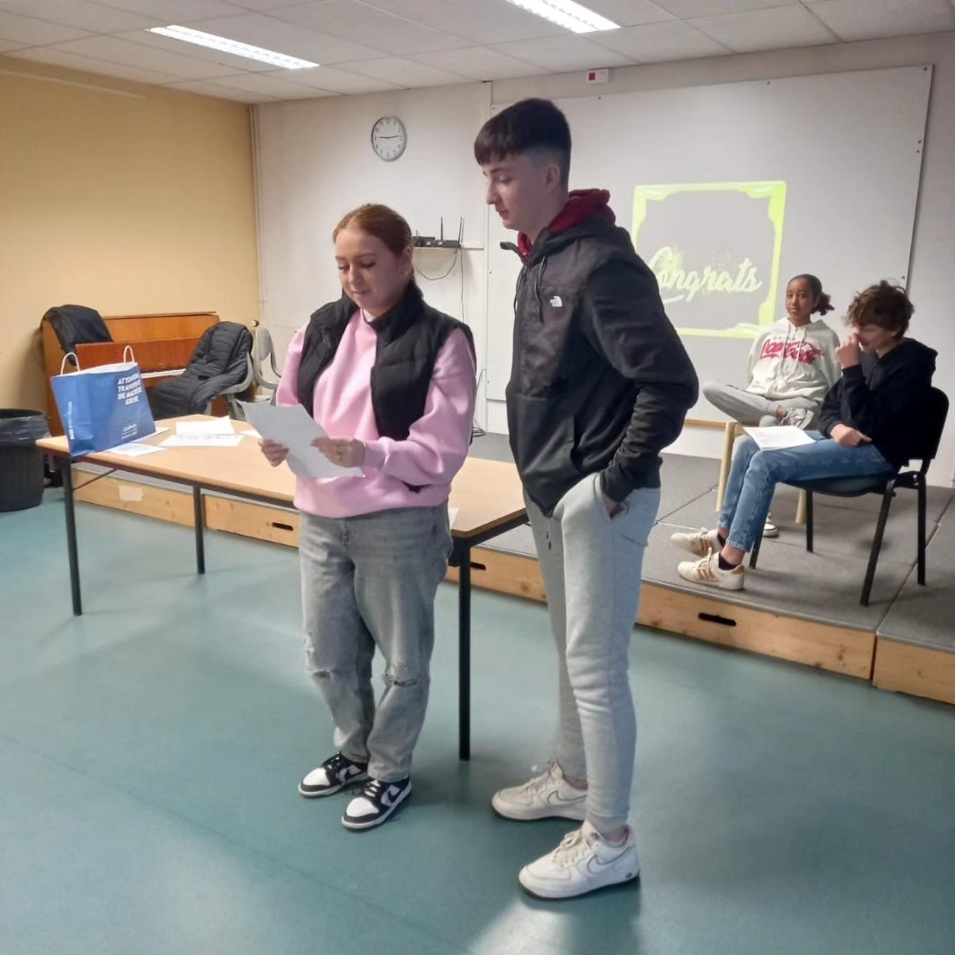 NewportCollege's tweet photo. On our final visit to our french school to say 'au revoir' to our french friends. Finished up with a very close quiz on the culture of Bordeaux France. Really looking forward to them all visiting Ireland #everychildmatters #erasmus+ @tipperaryetb @NenaghGuardian https://t.co/BgpePytdvh