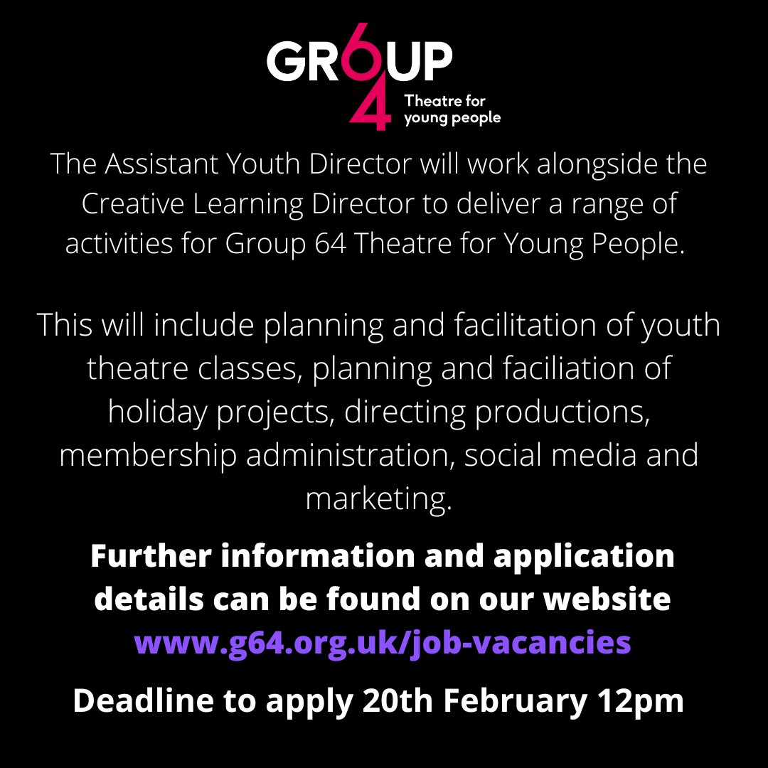 Group64's tweet photo. We're hiring an Assistant Youth Director!
⁠
Do you love of working with young people in arts settings? Our Assistant Youth Director will work alongside the Creative Learning Director to deliver a range of activities.
⁠
More information and application details on our website.⁠ https://t.co/uobPxYsS8X