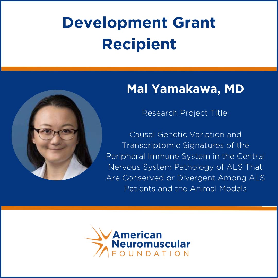 AmNmFoundation's tweet photo. Mai Yamakawa, MD, Receives #AmericanNeuromscularFoundation (ANF) Development Grant for Research on NK Cells in ALS and FTD!

Learn more: https://t.co/zJpzCDpw4Z

#ANF #ResearchGrant #DevelopmentGrant #ALS #FTD https://t.co/B3lzfyoWfT
