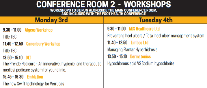 FoothealthC's tweet photo. Did you know that besides the main conference programme, your ticket gives you access to the following free workshops? Don't miss out - book your #foothealth spot on https://t.co/zAKyRl8ZRl

#podiatry #foothealthprofessionals https://t.co/hY7cAWvQgh