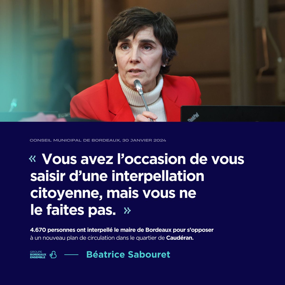 Dans ses vœux, Pierre Hurmic appelle les citoyens à se saisir de la démocratie participative. Elle est visiblement à géométrie variable...

💬 <a href="/BSabouret/">Béatrice Sabouret</a> est intervenue au Conseil municipal de Bordeaux #CMBDX sur ce sujet → youtube.com/watch?v=J06l-y…