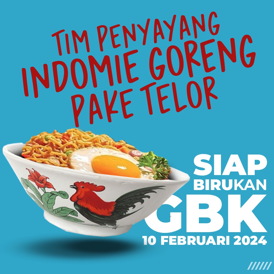 botunaq's tweet photo. Yassalam!!!
Tim indomie goreng pakai telor setengah mateng siap untuk BIRUKAN GBK pada 10 Februari 2024.
Tim indomie rebus gimana nih? Gas gag? ๐
#bersamaindonesiamaju #chill08win https://t.co/C3a4s6Tpzw