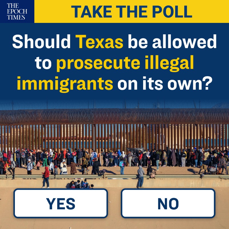 EpochTimes's tweet photo. Should Texas be allowed to prosecute illegal immigrants on its own?

The Biden administration argues—“Texas cannot run its own immigration system.” Should Texas be allowed to prosecute illegal immigrants on its own? Let us know below!