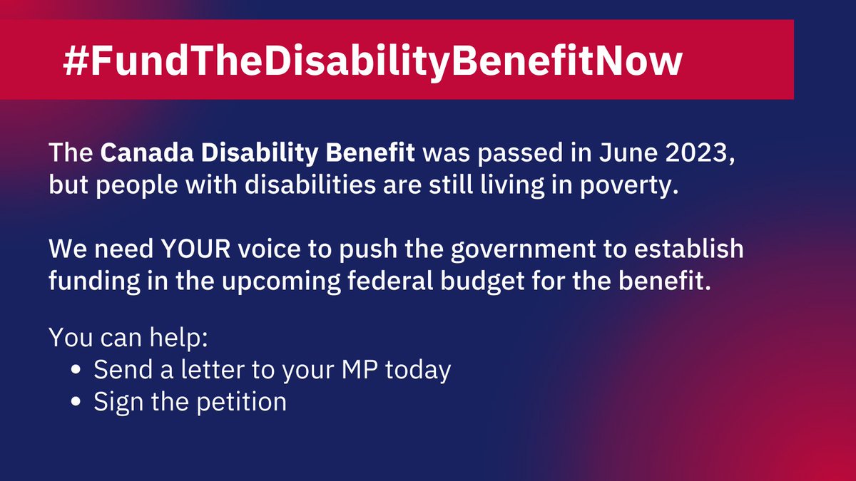 The Canada Disability Benefit was passed in June 2023, people with disabilities are still living in poverty. An adequately funded CDB can change this. #FundTheBenefitNow You can help: ✍️Write your MP - lnkd.in/eK6bUXHz 📝Sign the Petition - lnkd.in/ep7XgixS