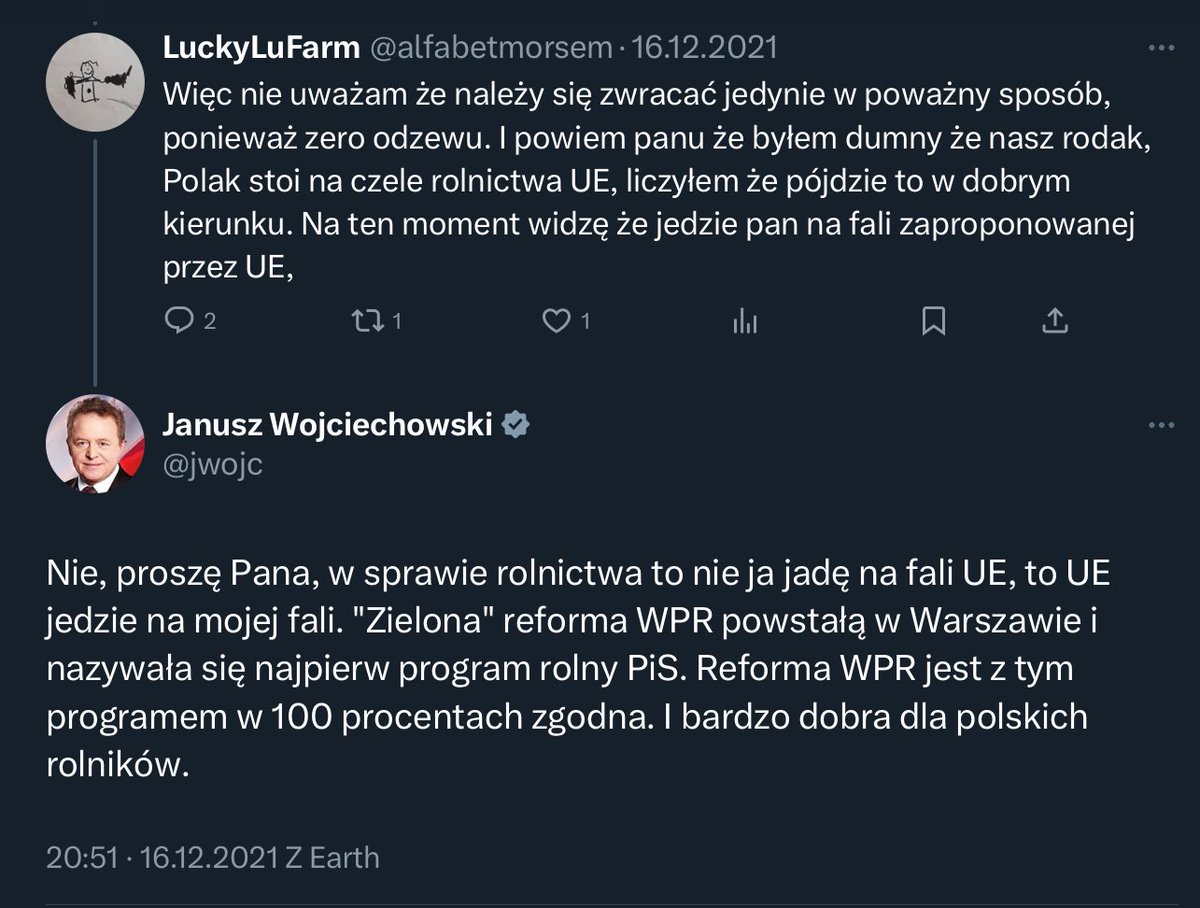 Prezes Kaczyński sugeruje dziś dymisję komisarza Janusza Wojciechowskiego <a href="/jwojc/">Janusz Wojciechowski</a>. Może czas <a href="/pisorgpl/">Prawo i Sprawiedliwość</a> uderzyć się w pierś i przyznać że przez 5 lat popieraliście i współtworzyliście to, przeciwko czemu trwa #ProtestRolników? 
Bardzo słabo się ten tweet zestarzał: