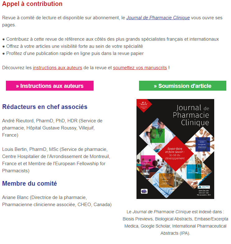 📍Chers lecteurs, Nous vous invitons à soumettre vos articles pour publication dans JPC : 

✅Retrouvez notre communication : bit.ly/3SqU6Iw
✅Instructions aux auteurs : bit.ly/3kXCPcO
✅Soumettre vos articles : bit.ly/3WSxvF4

#pharmaciens