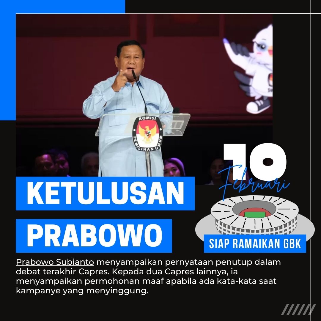 Kampanye terakhir pilpres 2024 akan ditutup tgl 10 Febuari 2024 di GBK Senayan Jakarta Sebagaimana mana closing statement Pak Prabowo sbg Presiden seluruh masyarakat Indonesia mau yg memilih atau tidak memilih, begitulah sifat asli Negarawan #bersamaindonesiamaju #Chill08Win