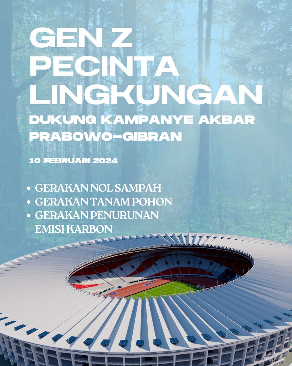 alinz_lin's tweet photo. #bersamaindonesiamaju #chill08win
Luar biasa sekali yangbakan menghadiri Pesta Rakyat yang di gelar di Stadion GBK Sabtu 10 Feb 2024.
Kali ini datang dari Gen Z Pecinta Lingkungan berikan dukungan Kampanye Akbar Prabowo-Gibran. https://t.co/J1Y5UEZwno