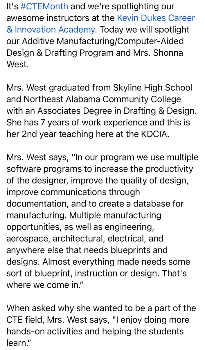 Kevin Dukes Career & Innovation Academy (@kd_cia_jaco_al) on Twitter photo It is #CTE Month and we are highlighting the awesome job that our instructors do for our students in Jackson County! We are so blessed and fortunate to have Mrs. West leading our Additive Manufacturing / Computer Aided Design (CAD) & Drafting program <a href="/KD_CIA_JaCo_AL/">Kevin Dukes Career & Innovation Academy</a>! <a href="/JCBOEal/">JacksonCountySchools</a> It is #CTE Month and we are highlighting the awesome job that our instructors do for our students in Jackson County! We are so blessed and fortunate to have Mrs. West leading our Additive Manufacturing / Computer Aided Design (CAD) & Drafting program <a href="/KD_CIA_JaCo_AL/">Kevin Dukes Career & Innovation Academy</a>! <a href="/JCBOEal/">JacksonCountySchools</a>