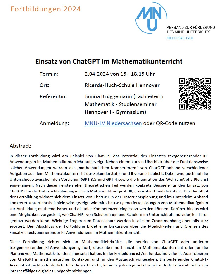 Am 2.4. ab 15 Uhr gebe ich für #MNU #Niedersachsen in #Hannover eine Fortbildung zu #ChatGPT im #Mathematikunterricht - endlich mal in Präsenz mit viel Möglichkeit zum Ausprobieren und Austauschen! 😀 Informationen und Anmeldung: mnu.de/landesverbaend… 
#twlz #MathematikEDU #KI