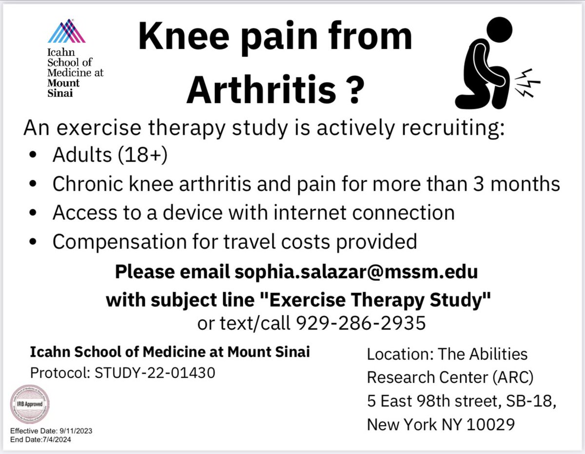 Join our clinical trial investigating a novel #AI approach to treating knee #chronicpain! 🏋️‍♂️ We are seeking volunteers (18+) with osteoarthritis-related knee pain in the NYC area. Compensation up to $100 for participation. Contact Sophia.Salazar@mssm.edu or 📞 (929)286-2935 🙏🏻