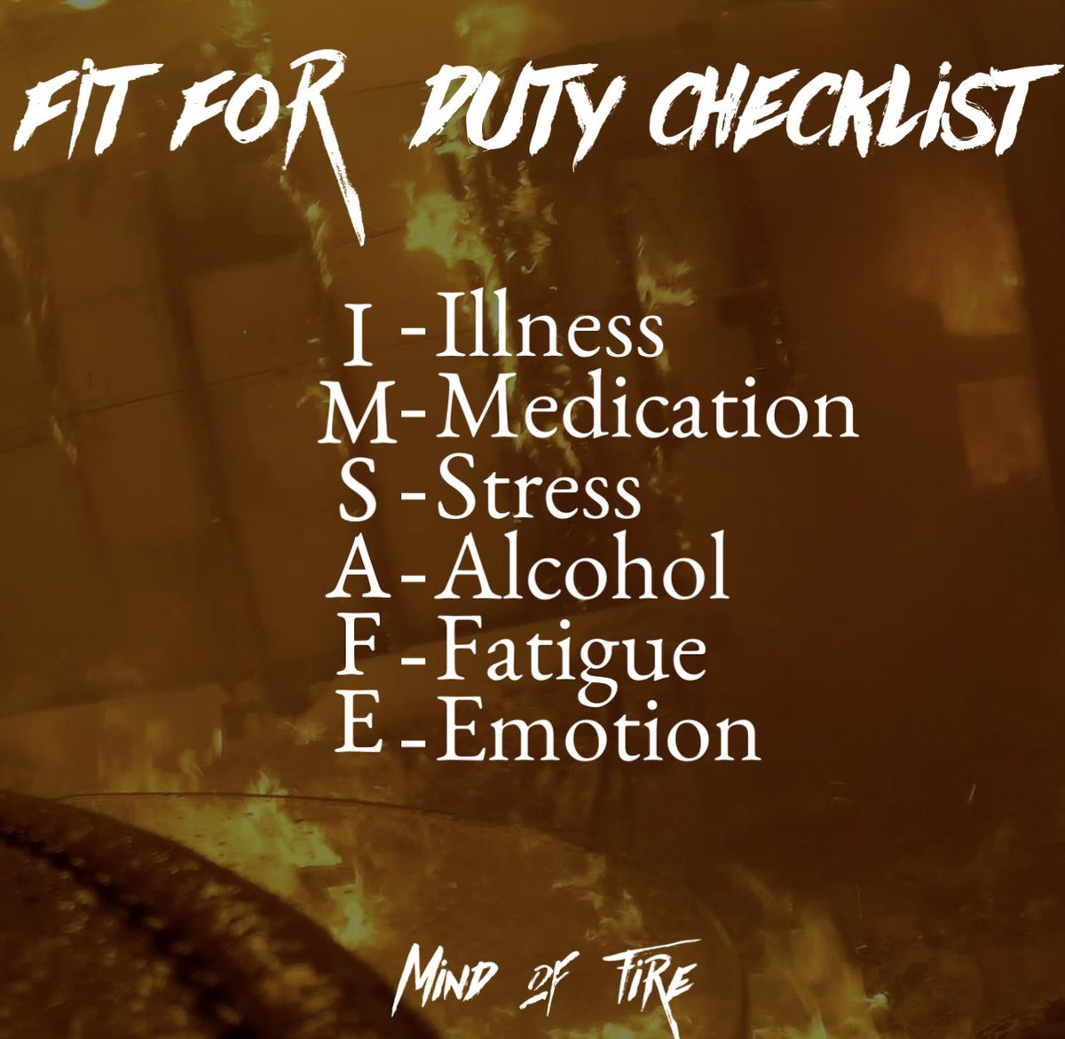 kiel_samsing's tweet photo. I can't count how many times I've heard firefighters second guess coming in for a shift or ask if they should be at work. The IMSAFE checklist is a systematic approach utilized by pilots to evaluate crucial elements that can significantly impact their performance and safety during flights. Each component of the acronym holds paramount importance in guaranteeing a pilot's well-being and the overall success of the journey. This acronym is also applicable to firefighters and should be used as an honest assessment as we get ready for work or drive to the firehouse.