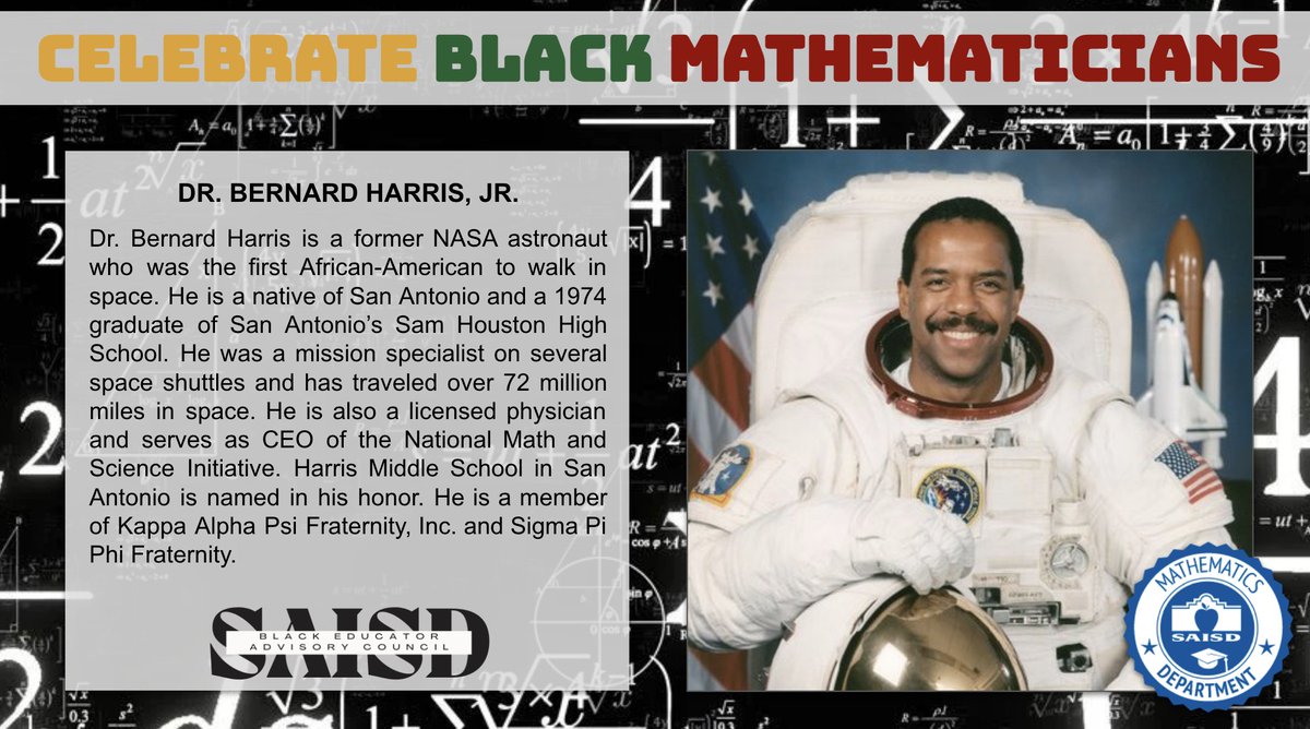 SAISD Mathematics (@saisd_math) on Twitter photo This spotlight of Black excellence goes to Dr. Bernard Harris Jr. as an alumni of <a href="/SAISD/">San Antonio ISD</a> and pioneer in mathematics! 🚀🌖👣🛰️🔭👨🏾🚀 Will you be the next space walker? Thank you Dr. Harris for leading the way! Learn more at: theharrisinstitute.org/dr-bernard-har… <a href="/DrJaimeAquino/">Jaime Aquino</a> <a href="/SAISD_CI/">SAISD Curriculum, Instruction, & Assessment</a> #BHM This spotlight of Black excellence goes to Dr. Bernard Harris Jr. as an alumni of <a href="/SAISD/">San Antonio ISD</a> and pioneer in mathematics! 🚀🌖👣🛰️🔭👨🏾🚀 Will you be the next space walker? Thank you Dr. Harris for leading the way! Learn more at: theharrisinstitute.org/dr-bernard-har… <a href="/DrJaimeAquino/">Jaime Aquino</a> <a href="/SAISD_CI/">SAISD Curriculum, Instruction, & Assessment</a> #BHM