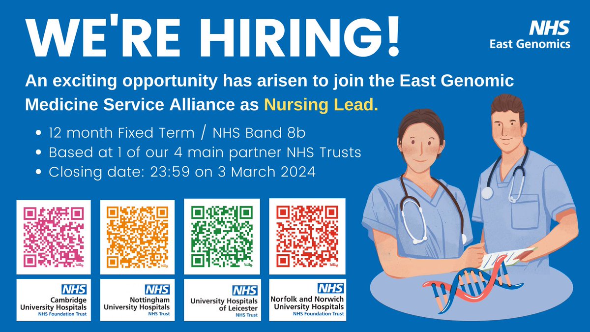 NHS East Genomics (@east_genomics) on Twitter photo Could you be our new Nursing Lead?
You'll deliver local/national nursing activities as part of a Clinical Leadership Team. Based at 1 of our main partner Trusts:
CUH: jobs.nhs.uk/candidate/jobaโฆ
NUH: jobs.nhs.uk/candidate/jobaโฆ
NNUH: jobs.nhs.uk/candidate/jobaโฆ
UHL: jobs.nhs.uk/candidate/jobaโฆ Could you be our new Nursing Lead?
You'll deliver local/national nursing activities as part of a Clinical Leadership Team. Based at 1 of our main partner Trusts:
CUH: jobs.nhs.uk/candidate/jobaโฆ
NUH: jobs.nhs.uk/candidate/jobaโฆ
NNUH: jobs.nhs.uk/candidate/jobaโฆ
UHL: jobs.nhs.uk/candidate/jobaโฆ