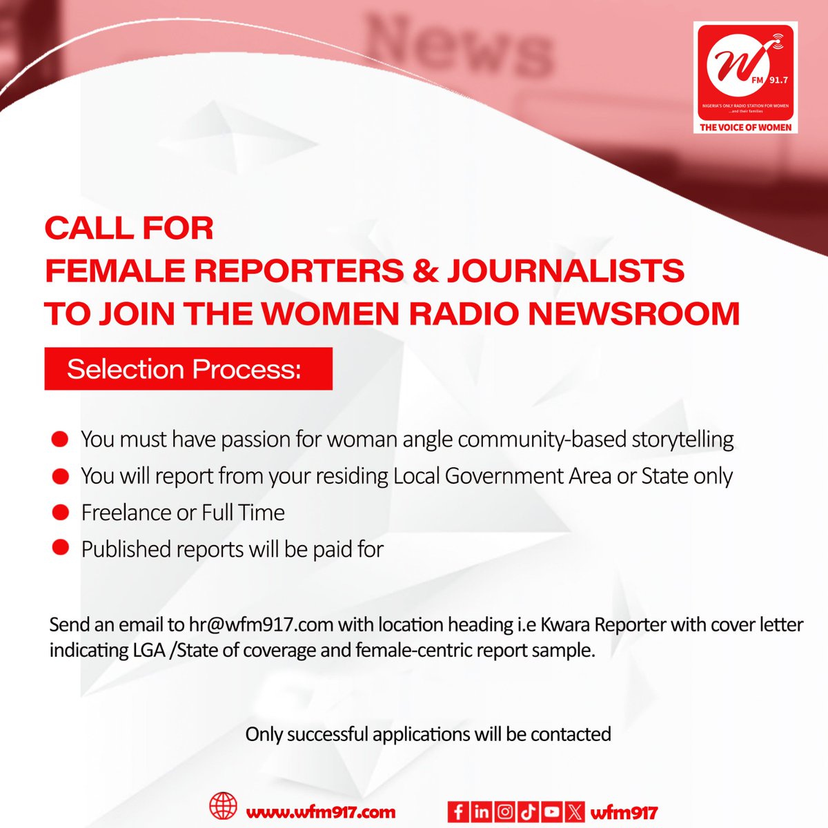 wfm917's tweet photo. Join the Women Radio News Team.
Send an email to hr@wfm917.com with a location heading i.e. Kwara Reporter with a cover letter indicating LGA/State of coverage and a female-centric report sample.
#newsroom #wfm917 #womenradio #femalereporters #femalecentricreporter #women https://t.co/bBEyFbpHCA