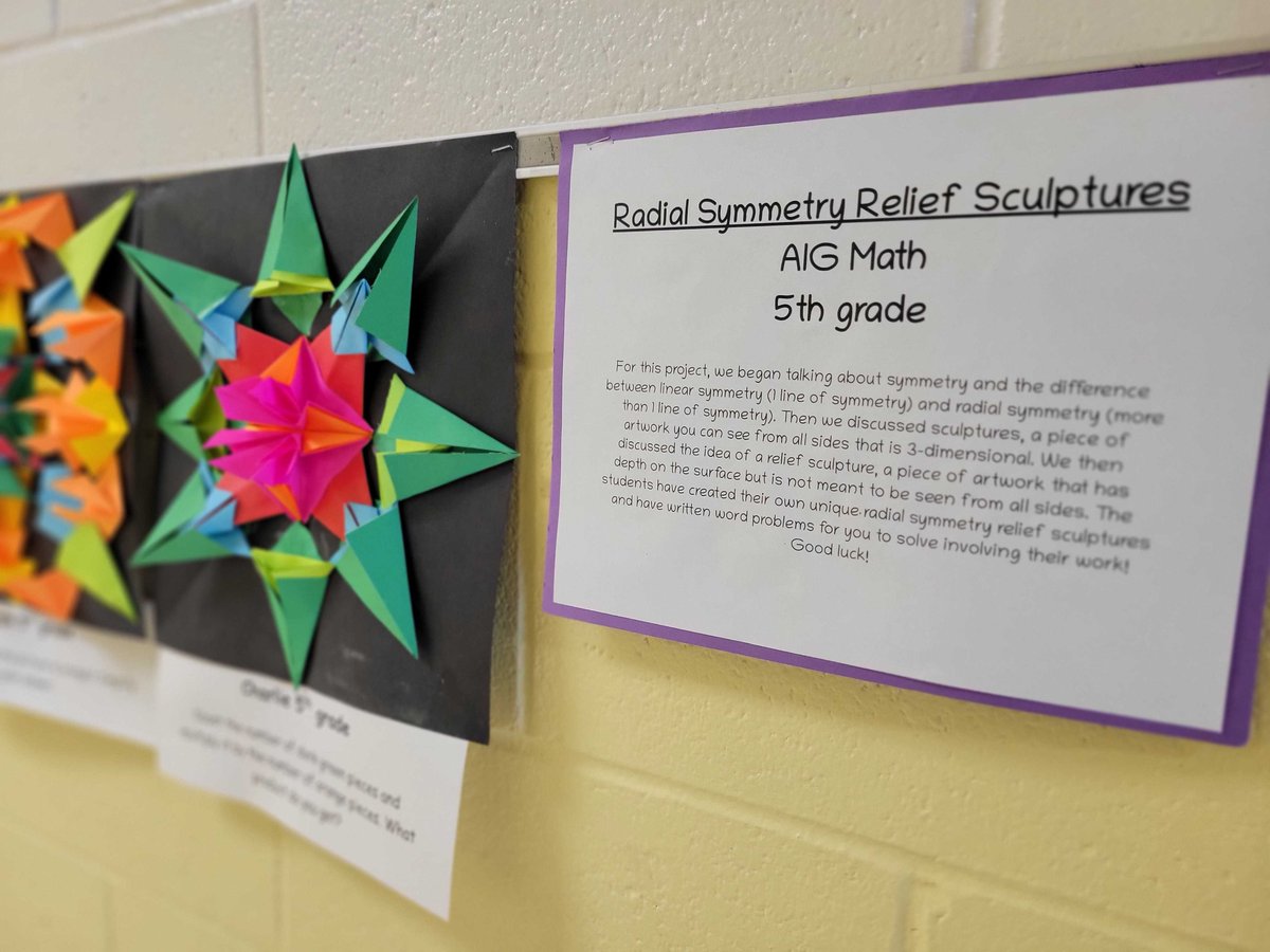 Students worked with Dr. Wolford to create radial symmetry sculptures and then created fraction word problems based on the colors that they used.  Such a colorful and fun project!  #dualschool