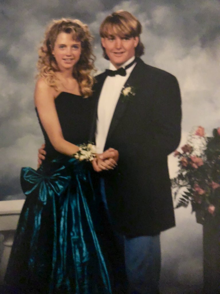 K__Graybeal's tweet image. My prom date is a good friend of yours now. Note the epic mullet &amp;amp; acid wash jeans worn with his cummerbund, bow tie &amp;amp; tux jacket…let’s not even discuss the travesty that is my dress.
 very 1988.  #promFail