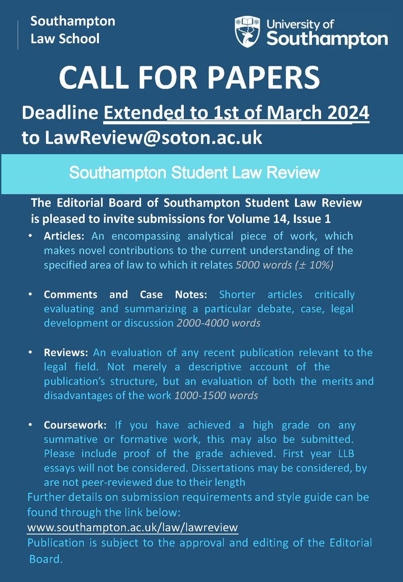 SUBMISSION DEADLINE EXTENSION 🔔

We are pleased to announce that the submission deadline for the Southampton Student Law Review Vol. 14 has now been extended until the 1st of March

Email your articles, comments, case notes or reviews to lawreview@soton.ac.uk by Friday 1 March