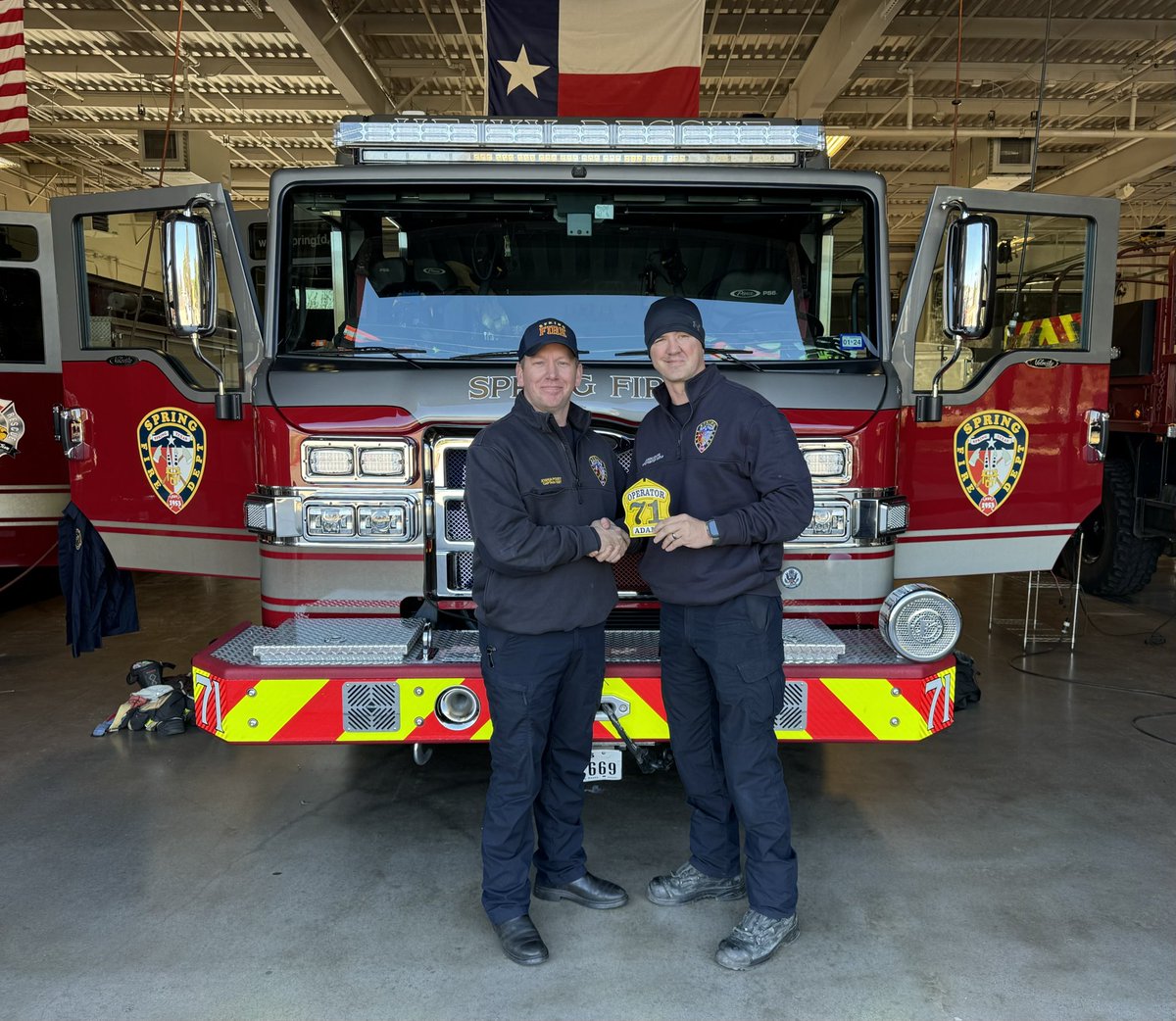 Springfdtx's tweet photo. In keeping with his tradition of honoring promotions from his crew, Spring Fire Station 71 C-Shift Captain Josh Posey presents two of our newest Apparatus Operators, Jakob Ballard & Jason Adams, with custom helmet placards. Looking sharp, gentlemen!
#springfireproud #springtx https://t.co/SeUVWUpjt9